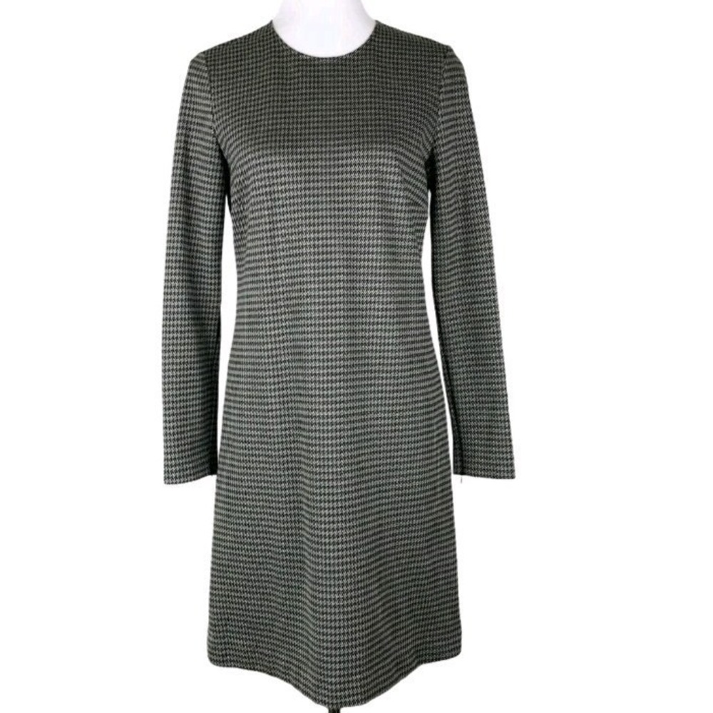 Theory Wynter Shift Dress Gray‎ Black Houndstooth Long Sleeve Knit Sz 4 Office